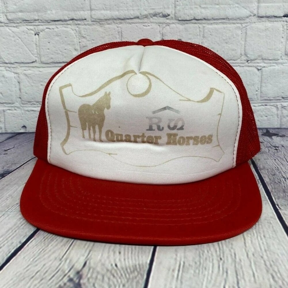 Vintage Trucker Hat Mesh Cap Snapback Red RS Quarter Horses Horse Stable Farm